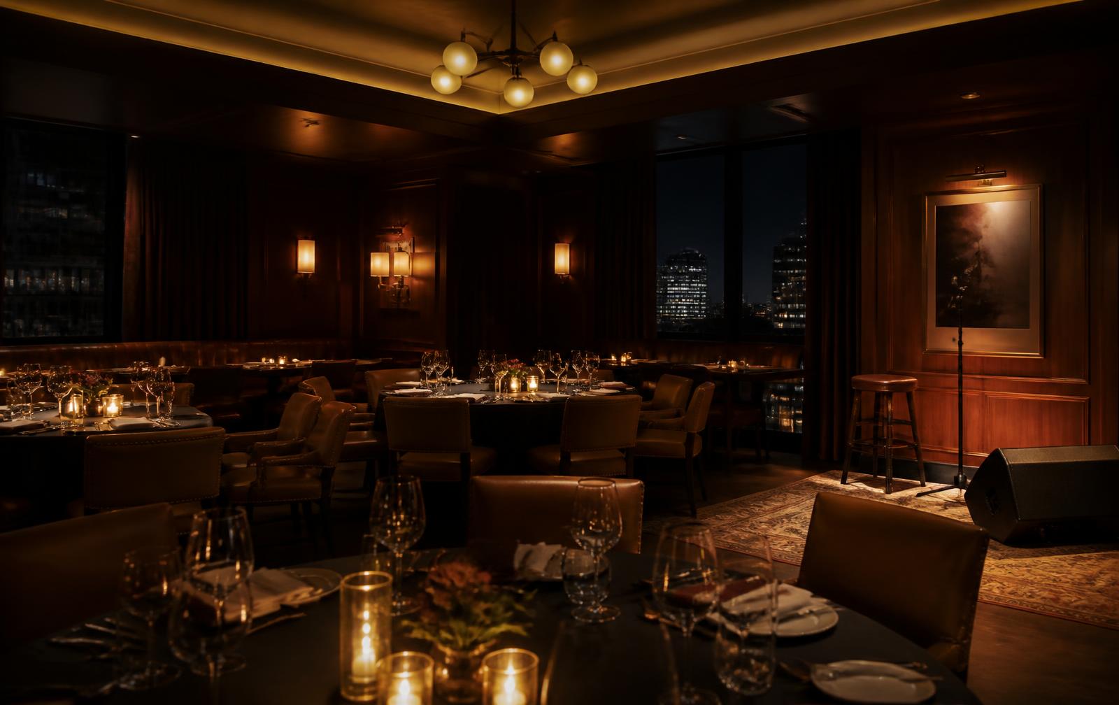 Dimly lit hotel restaurant private dining room set for an evening event